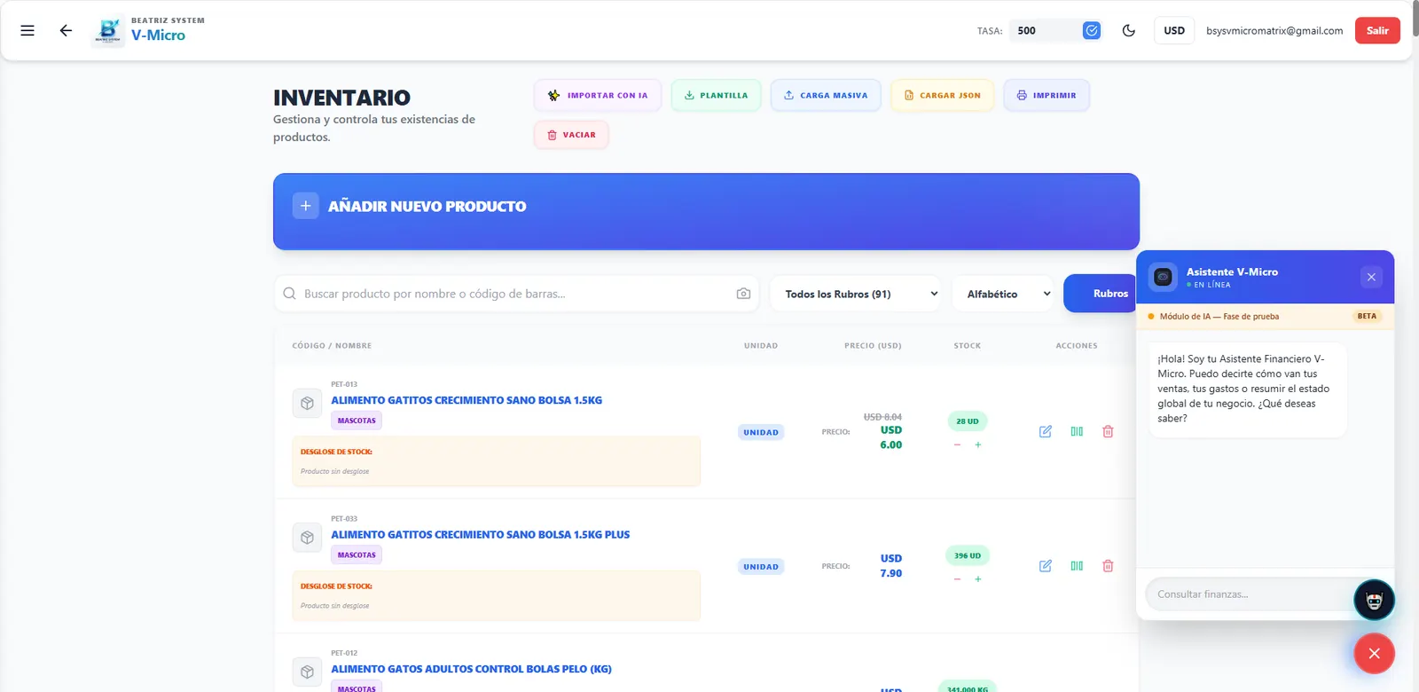 Beatriz System — inventario con asistente de IA e importación de productos