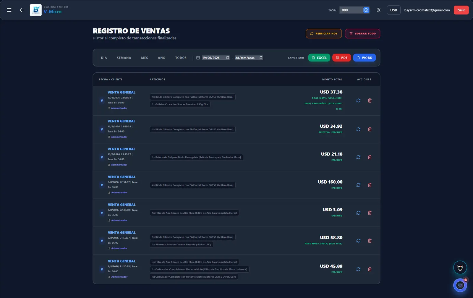 Beatriz System — registro de ventas con exportación a Excel, PDF y Word