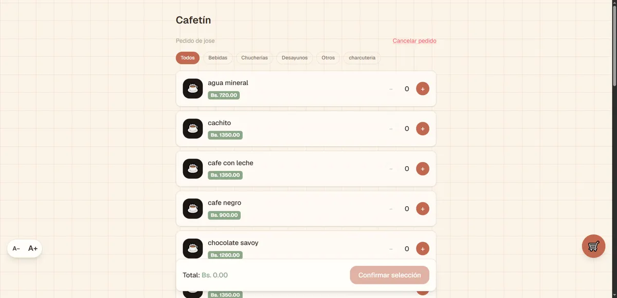 Mi Cafetín — catálogo de productos que ve el cliente al pedir